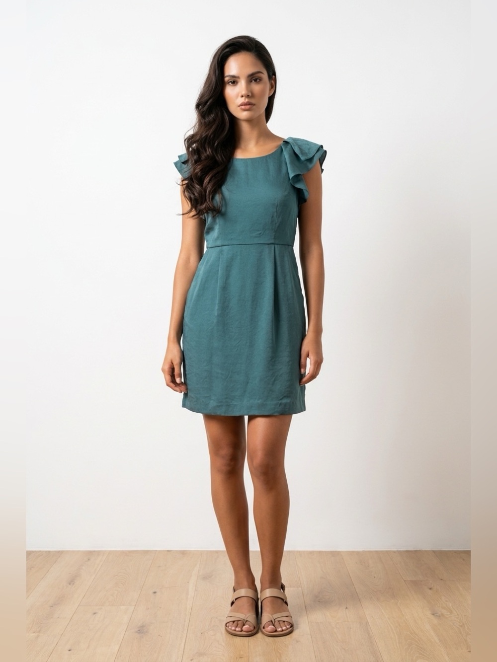 LOFT Teal Ruffle-Sleeve Mini Dress